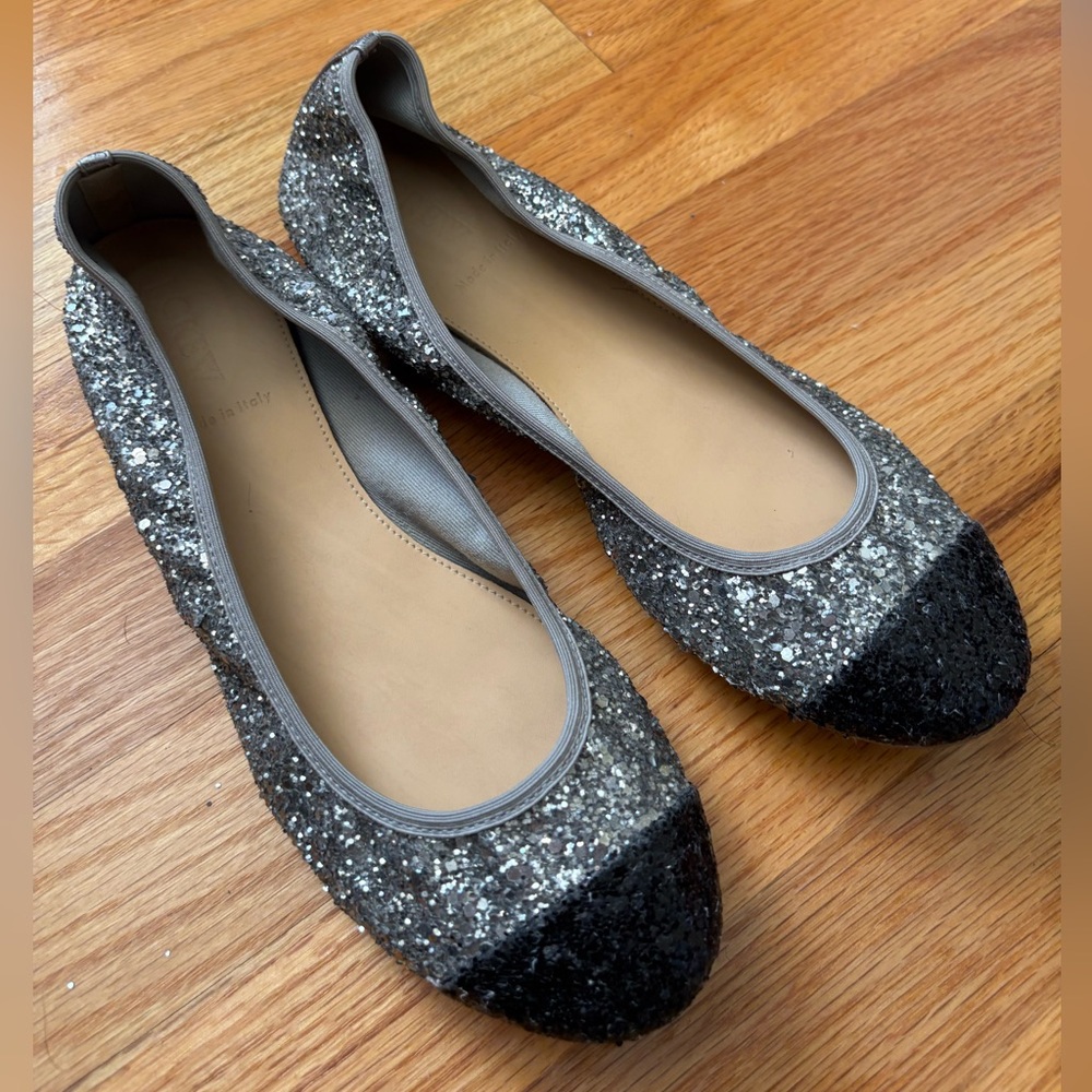 J. Crew Silver and Black cap Glitter Ballerina Flats